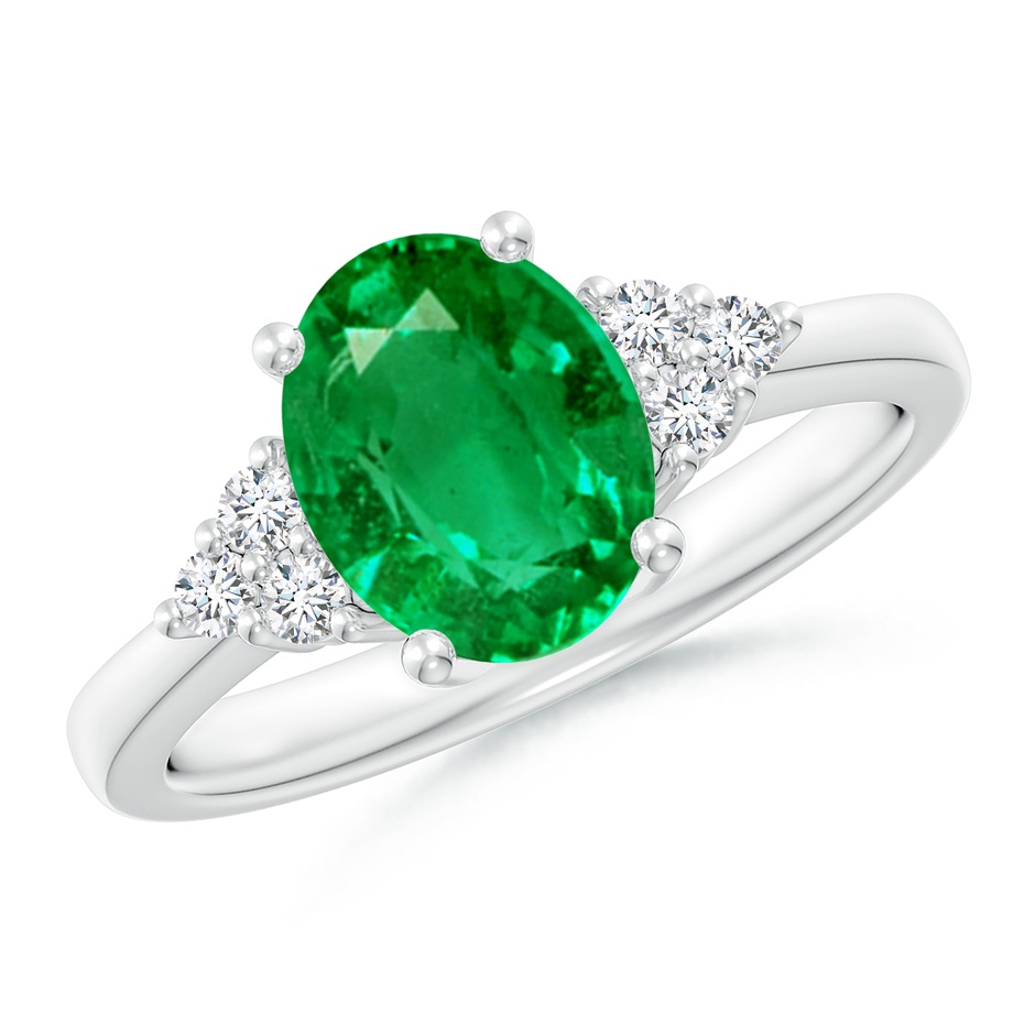 9x7mm AAA Solitaire Oval Emerald Ring with Trio Diamond Accents in White Gold 