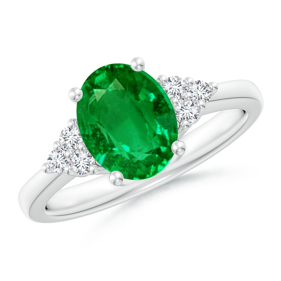 9x7mm AAAA Solitaire Oval Emerald Ring with Trio Diamond Accents in P950 Platinum 