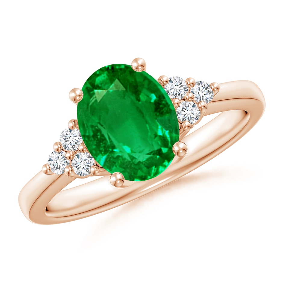 9x7mm AAAA Solitaire Oval Emerald Ring with Trio Diamond Accents in Rose Gold 