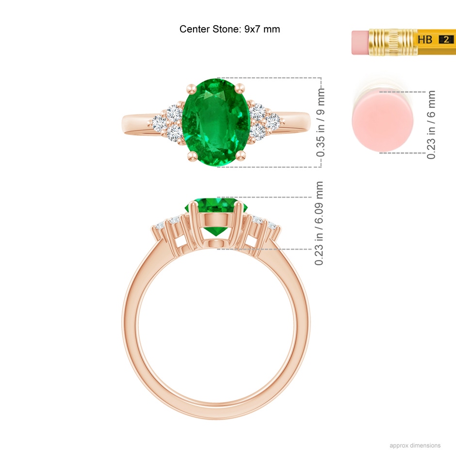 9x7mm AAAA Solitaire Oval Emerald Ring with Trio Diamond Accents in Rose Gold ruler