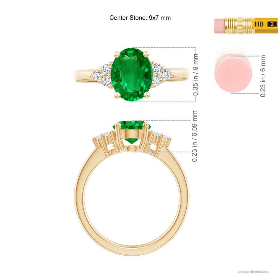 9x7mm AAAA Solitaire Oval Emerald Ring with Trio Diamond Accents in Yellow Gold ruler