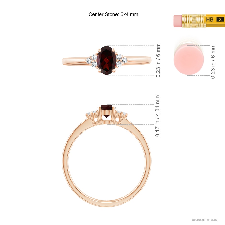 6x4mm A Solitaire Oval Garnet Ring with Trio Diamond Accents in Rose Gold ruler