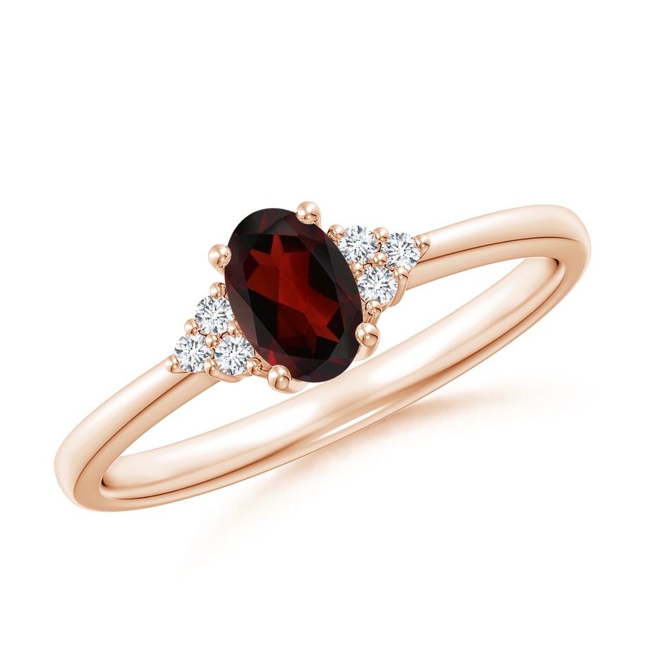 6x4mm AA Solitaire Oval Garnet Ring with Trio Diamond Accents in Rose Gold 