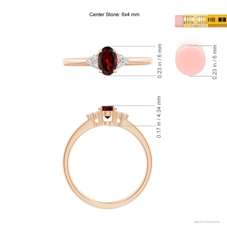 6x4mm AAA Solitaire Oval Garnet Ring with Trio Diamond Accents in Rose Gold ruler