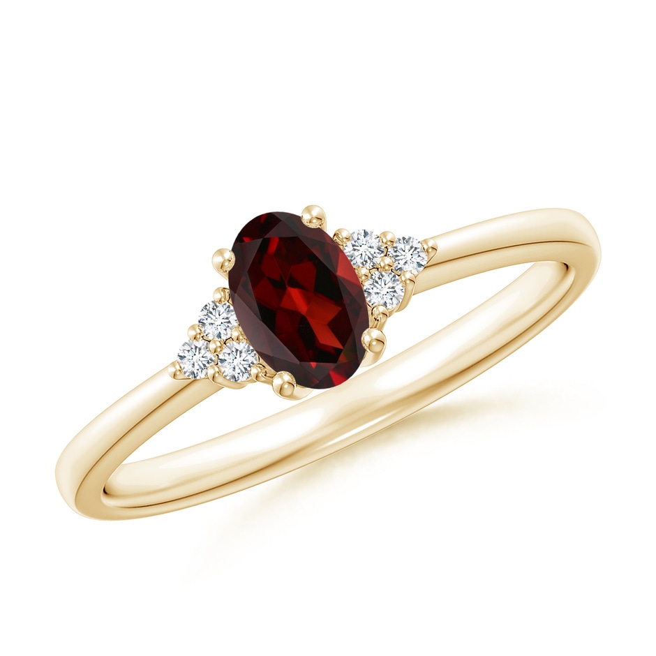 6x4mm AAA Solitaire Oval Garnet Ring with Trio Diamond Accents in Yellow Gold 