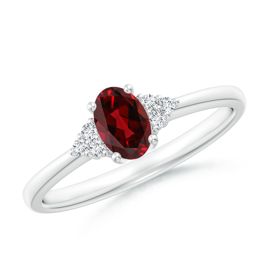 6x4mm AAAA Solitaire Oval Garnet Ring with Trio Diamond Accents in White Gold