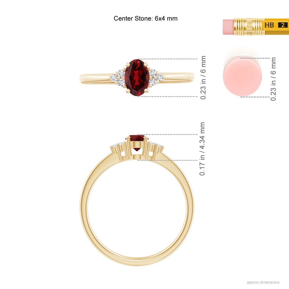 6x4mm AAAA Solitaire Oval Garnet Ring with Trio Diamond Accents in Yellow Gold ruler