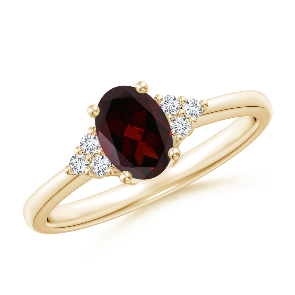 7x5mm A Solitaire Oval Garnet Ring with Trio Diamond Accents in Yellow Gold 