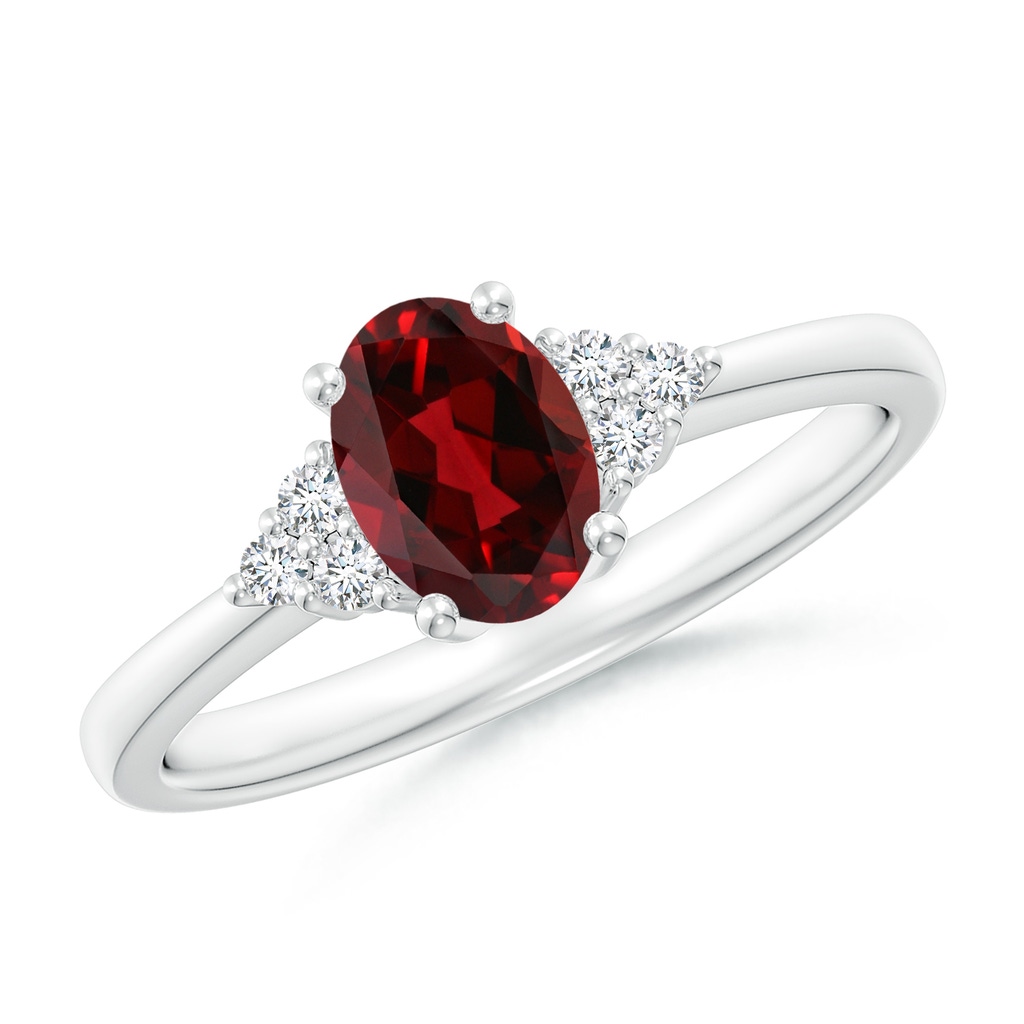 7x5mm AAAA Solitaire Oval Garnet Ring with Trio Diamond Accents in White Gold