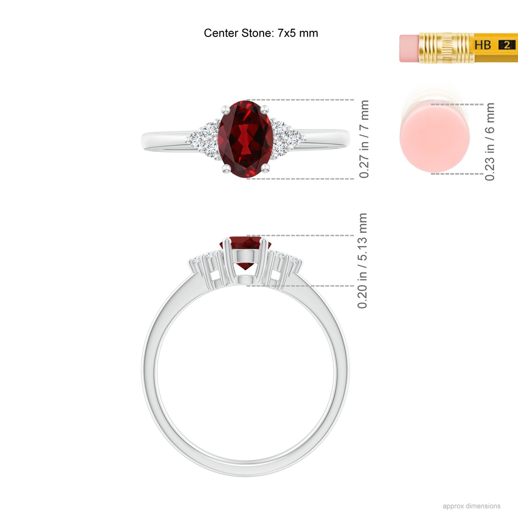 7x5mm AAAA Solitaire Oval Garnet Ring with Trio Diamond Accents in White Gold Ruler