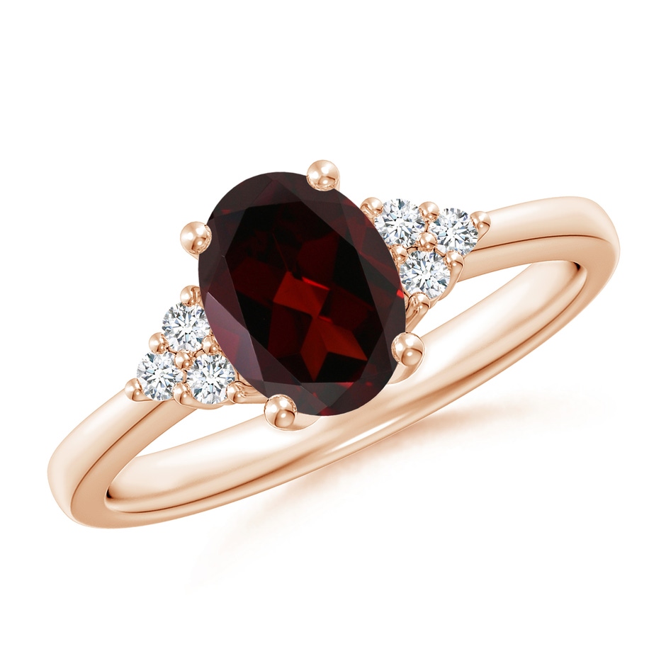8x6mm A Solitaire Oval Garnet Ring with Trio Diamond Accents in Rose Gold 