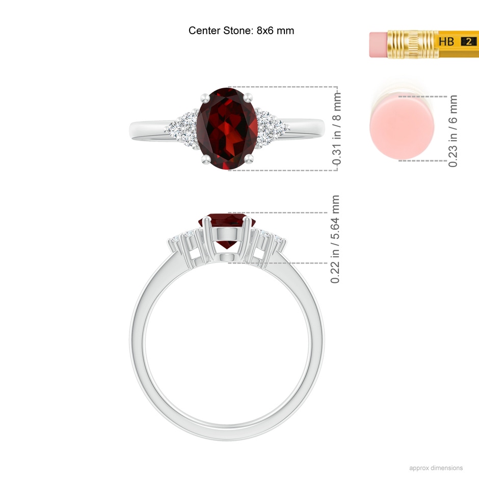 8x6mm AAA Solitaire Oval Garnet Ring with Trio Diamond Accents in White Gold ruler