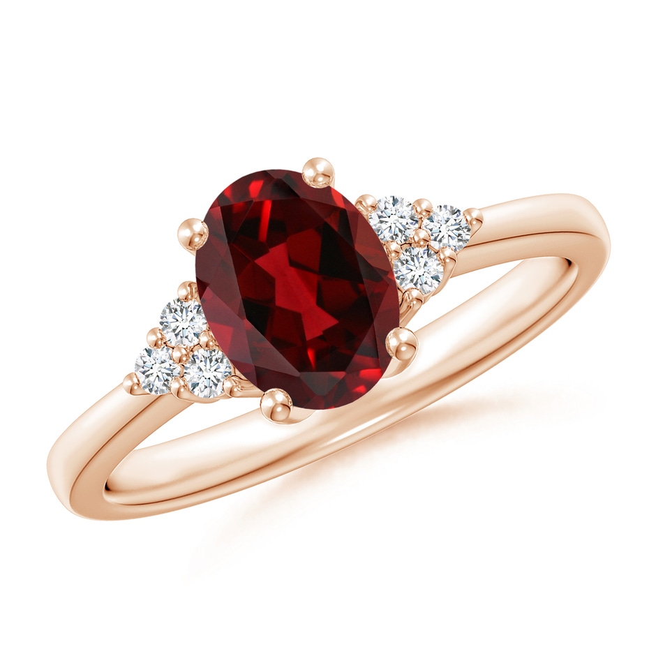 8x6mm AAAA Solitaire Oval Garnet Ring with Trio Diamond Accents in Rose Gold 