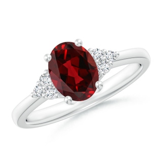 8x6mm AAAA Solitaire Oval Garnet Ring with Trio Diamond Accents in White Gold