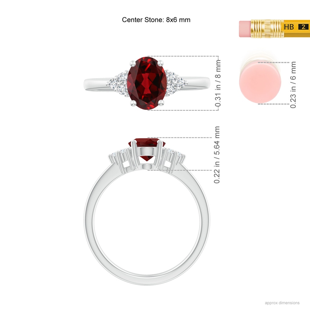 8x6mm AAAA Solitaire Oval Garnet Ring with Trio Diamond Accents in White Gold Ruler