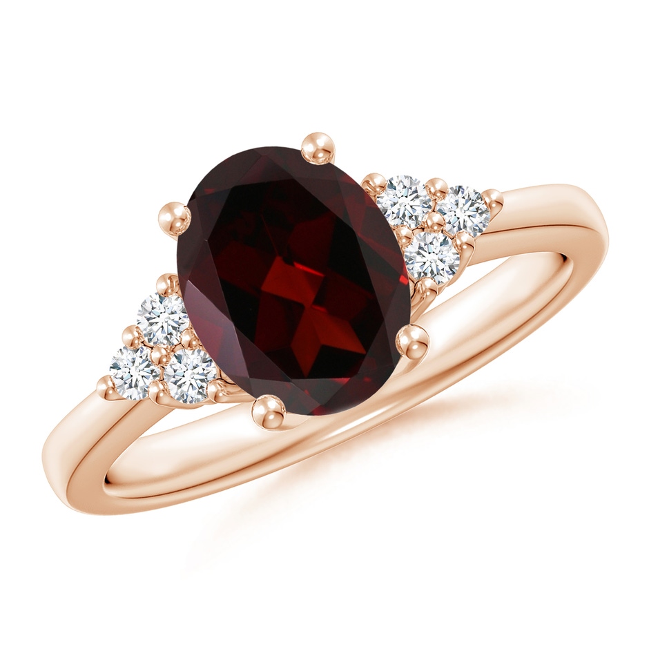 9x7mm A Solitaire Oval Garnet Ring with Trio Diamond Accents in Rose Gold 