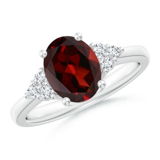 9x7mm AAA Solitaire Oval Garnet Ring with Trio Diamond Accents in White Gold