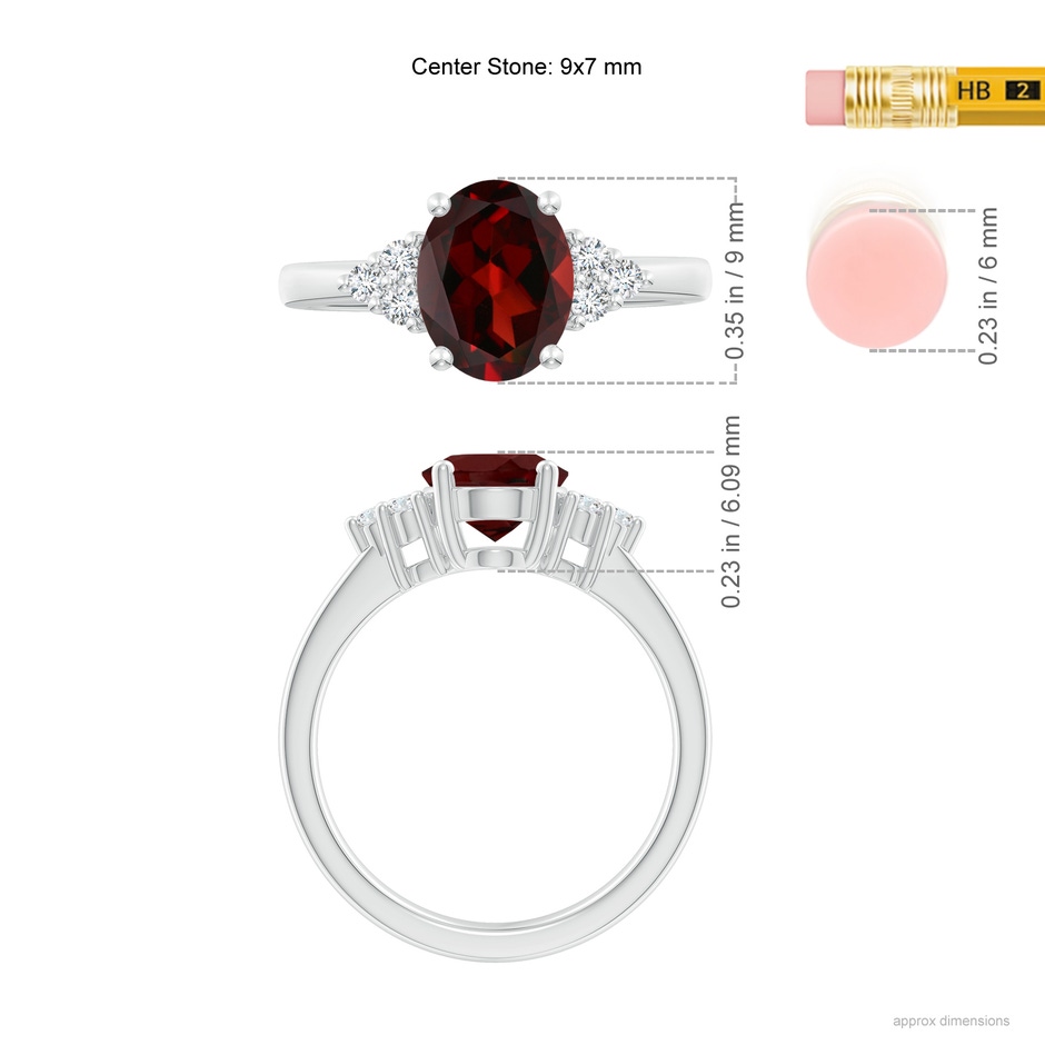 9x7mm AAA Solitaire Oval Garnet Ring with Trio Diamond Accents in White Gold ruler