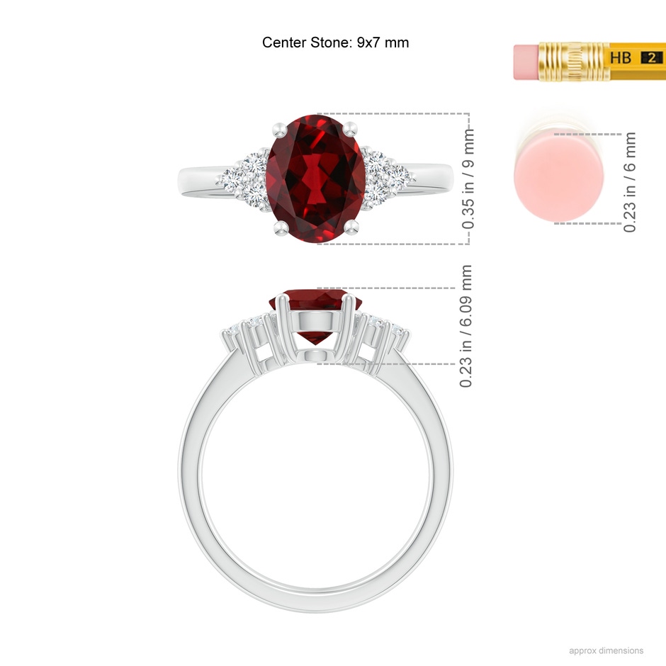9x7mm AAAA Solitaire Oval Garnet Ring with Trio Diamond Accents in P950 Platinum ruler