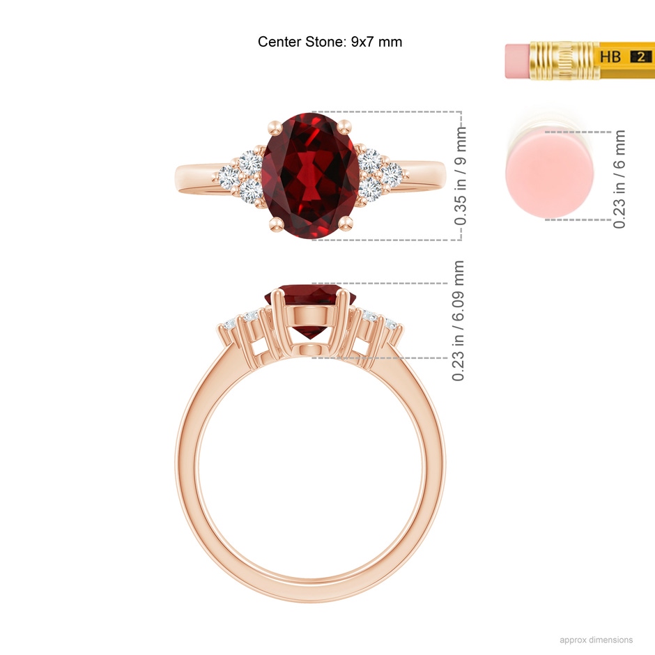 9x7mm AAAA Solitaire Oval Garnet Ring with Trio Diamond Accents in Rose Gold ruler
