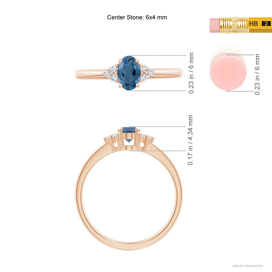6x4mm A Solitaire Oval London Blue Topaz and Diamond Promise Ring in Rose Gold ruler