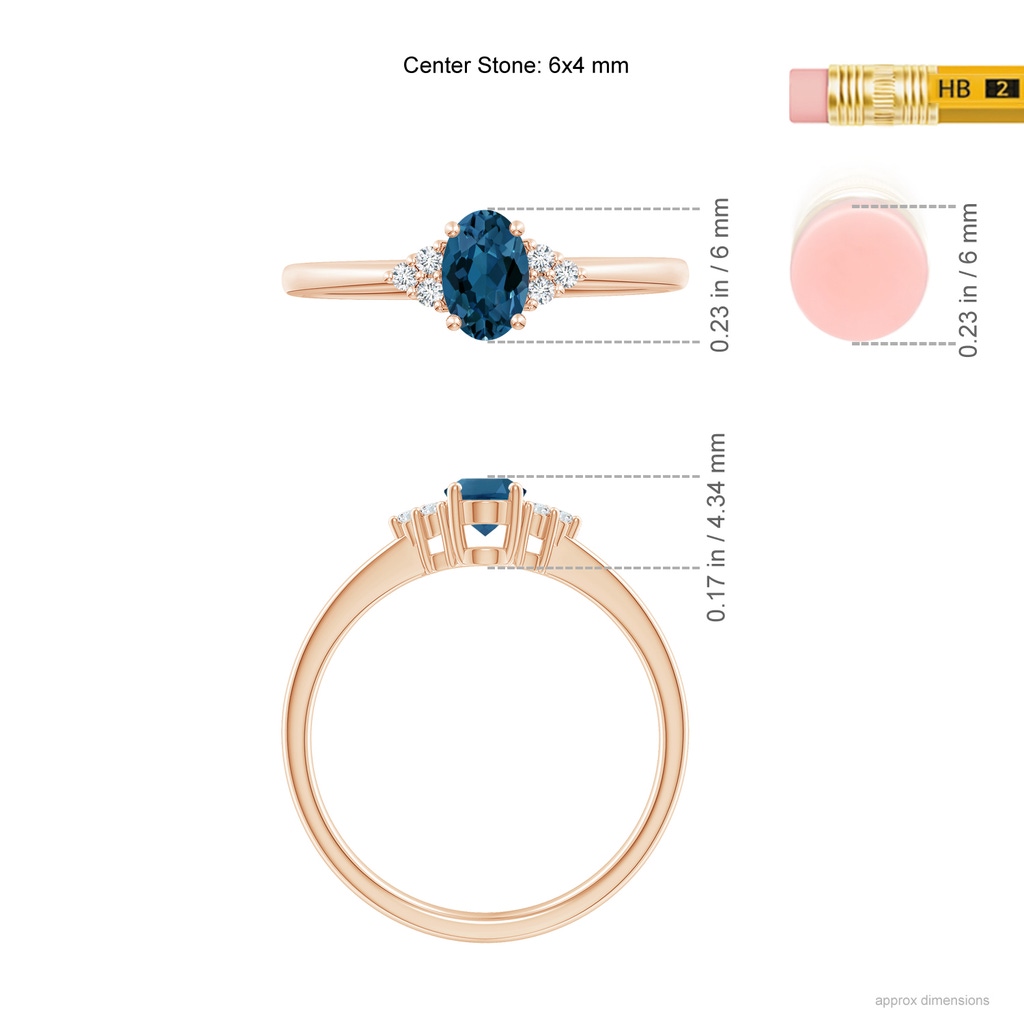 6x4mm AAA Solitaire Oval London Blue Topaz and Diamond Promise Ring in Rose Gold Ruler