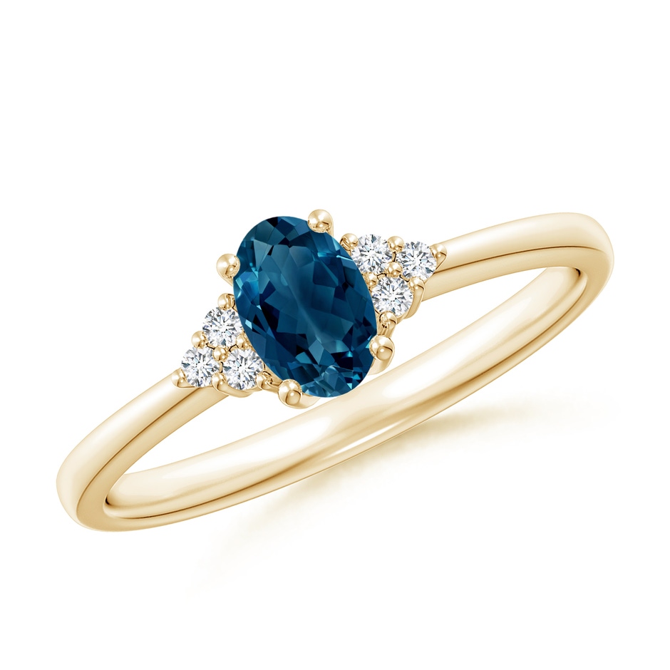 6x4mm AAAA Solitaire Oval London Blue Topaz and Diamond Promise Ring in Yellow Gold 