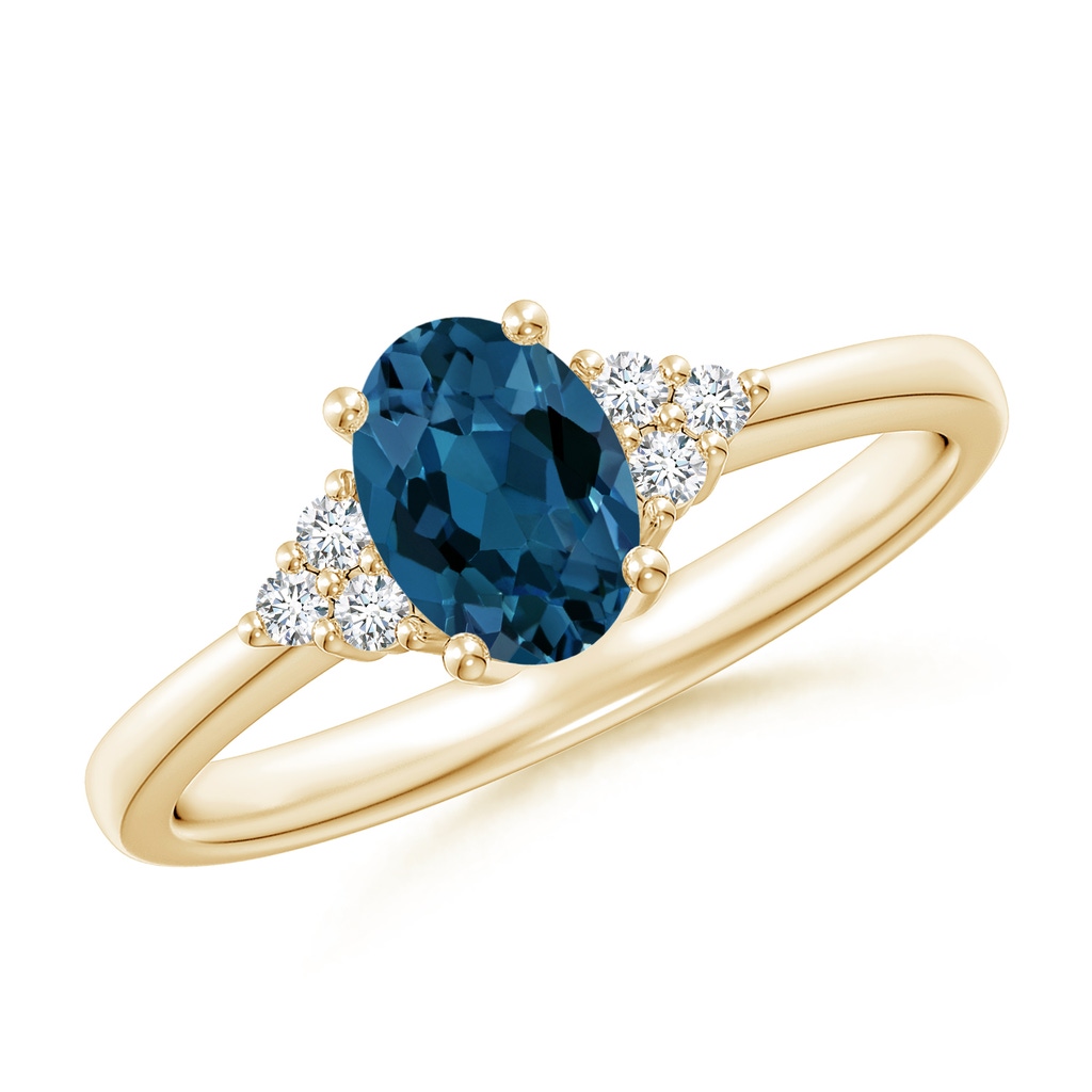 7x5mm AAA Solitaire Oval London Blue Topaz and Diamond Promise Ring in Yellow Gold