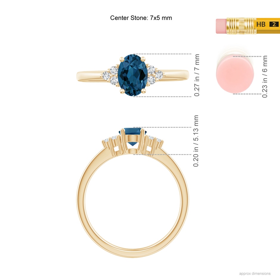 7x5mm AAA Solitaire Oval London Blue Topaz and Diamond Promise Ring in Yellow Gold ruler