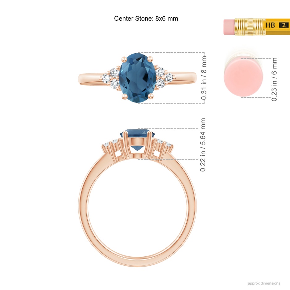 8x6mm A Solitaire Oval London Blue Topaz and Diamond Promise Ring in Rose Gold ruler