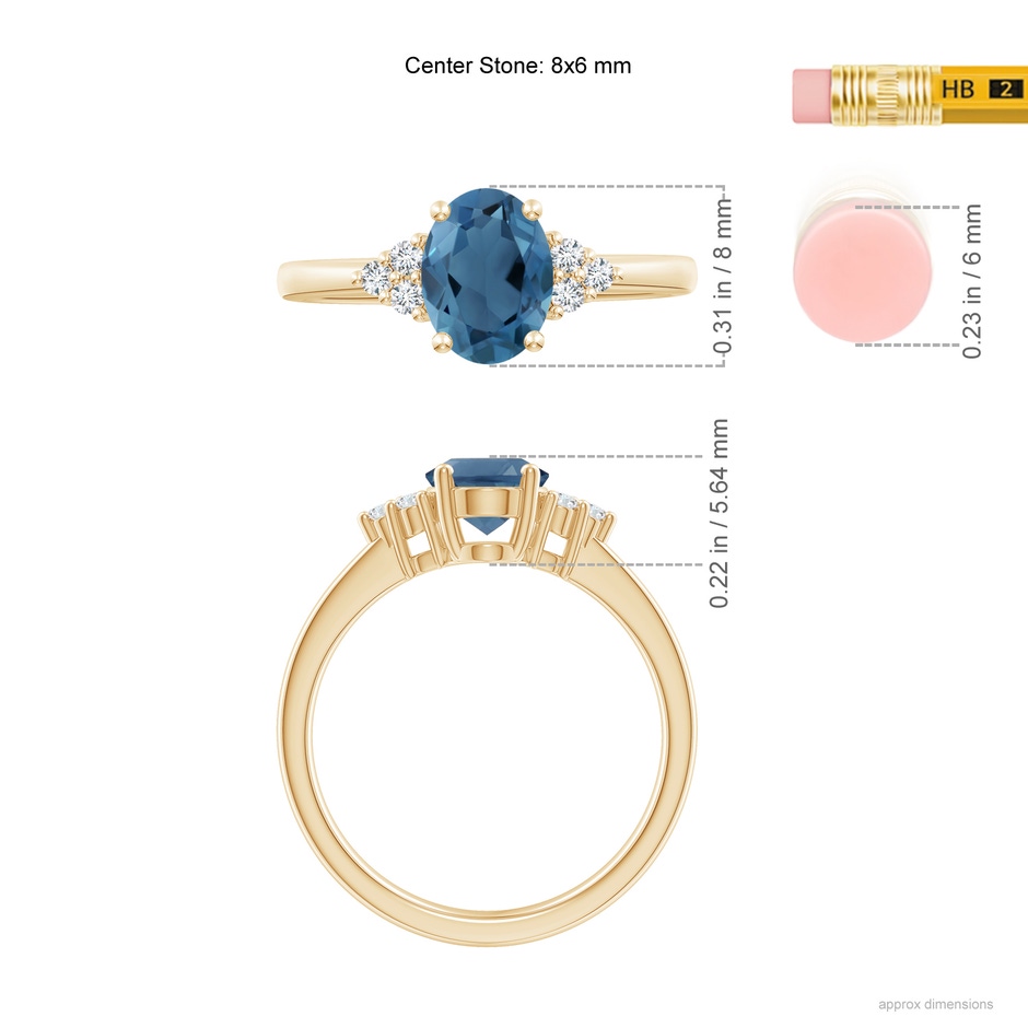 8x6mm A Solitaire Oval London Blue Topaz and Diamond Promise Ring in Yellow Gold ruler