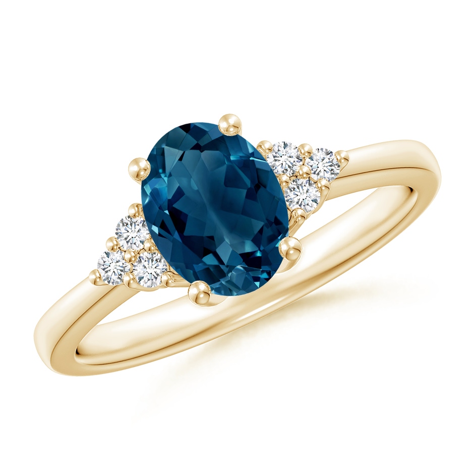 8x6mm AAAA Solitaire Oval London Blue Topaz and Diamond Promise Ring in Yellow Gold 
