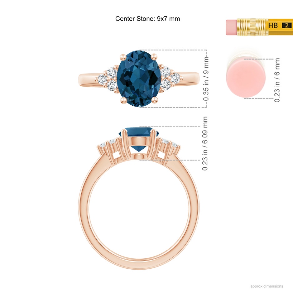 9x7mm AAA Solitaire Oval London Blue Topaz and Diamond Promise Ring in Rose Gold ruler