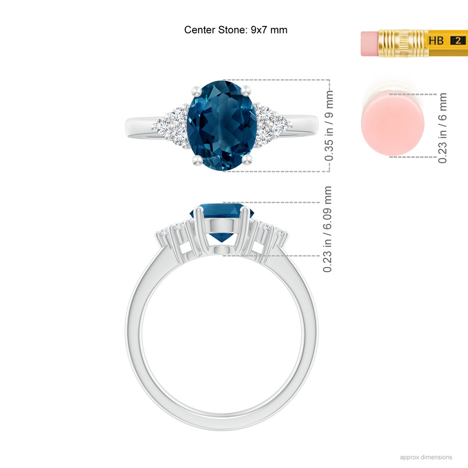 9x7mm AAAA Solitaire Oval London Blue Topaz and Diamond Promise Ring in P950 Platinum ruler