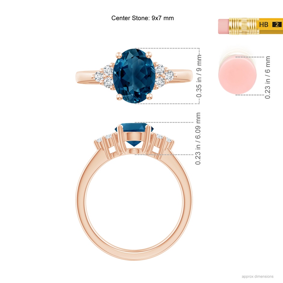 9x7mm AAAA Solitaire Oval London Blue Topaz and Diamond Promise Ring in Rose Gold ruler