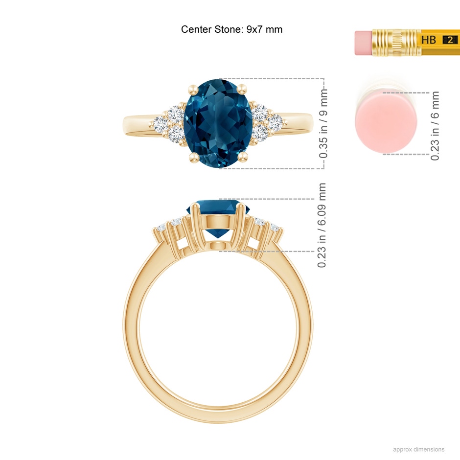 9x7mm AAAA Solitaire Oval London Blue Topaz and Diamond Promise Ring in Yellow Gold ruler