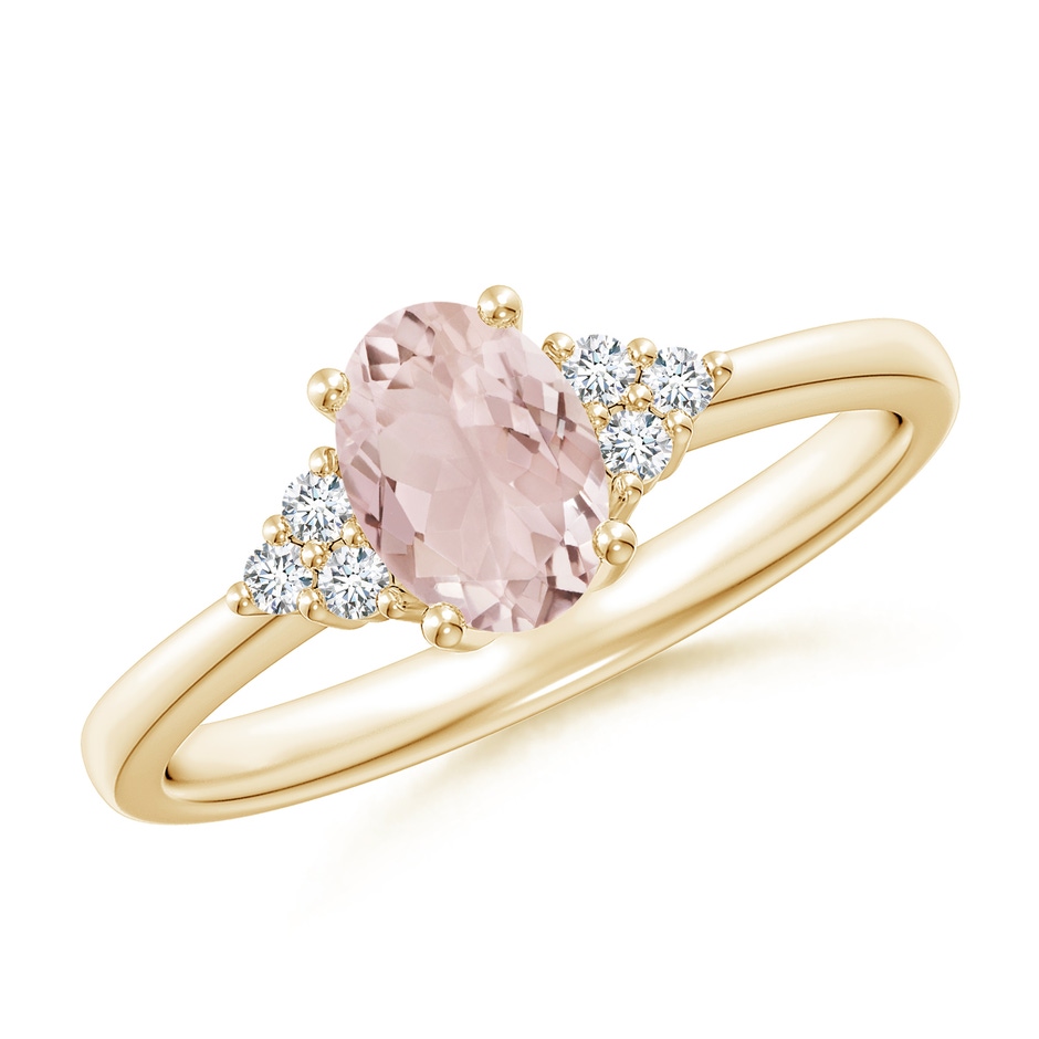 7x5mm A Solitaire Oval Morganite Ring with Trio Diamond Accents in 10K Yellow Gold 