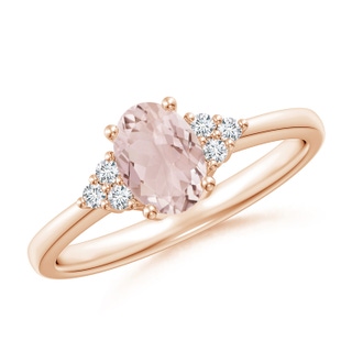 7x5mm A Solitaire Oval Morganite Ring with Trio Diamond Accents in 9K Rose Gold