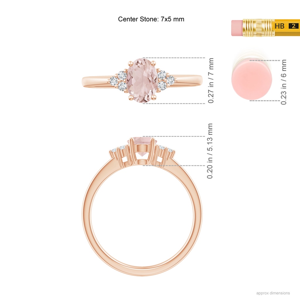 7x5mm A Solitaire Oval Morganite Ring with Trio Diamond Accents in 9K Rose Gold ruler