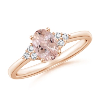 7x5mm AA Solitaire Oval Morganite Ring with Trio Diamond Accents in 9K Rose Gold