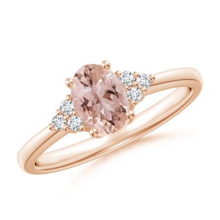 7x5mm AAA Solitaire Oval Morganite Ring with Trio Diamond Accents in 9K Rose Gold