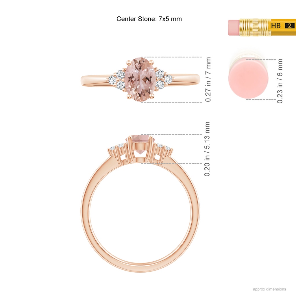 7x5mm AAA Solitaire Oval Morganite Ring with Trio Diamond Accents in Rose Gold ruler
