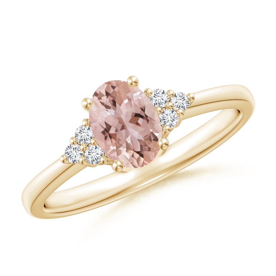 7x5mm AAA Solitaire Oval Morganite Ring with Trio Diamond Accents in Yellow Gold 