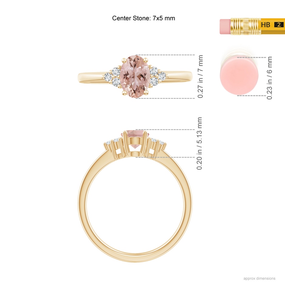 7x5mm AAA Solitaire Oval Morganite Ring with Trio Diamond Accents in Yellow Gold ruler