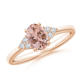 7x5mm AAAA Solitaire Oval Morganite Ring with Trio Diamond Accents in 9K Rose Gold