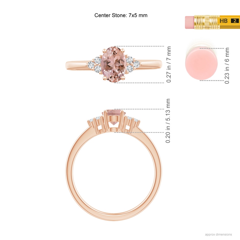 7x5mm AAAA Solitaire Oval Morganite Ring with Trio Diamond Accents in Rose Gold ruler