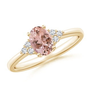 7x5mm AAAA Solitaire Oval Morganite Ring with Trio Diamond Accents in Yellow Gold