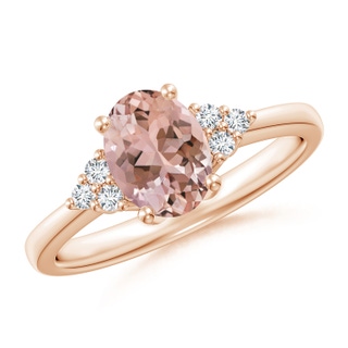 8x6mm AAAA Solitaire Oval Morganite Ring with Trio Diamond Accents in Rose Gold