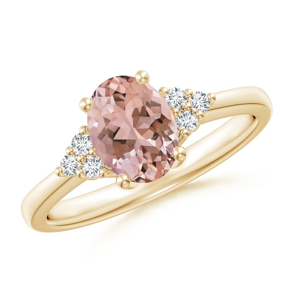 8x6mm AAAA Solitaire Oval Morganite Ring with Trio Diamond Accents in Yellow Gold 
