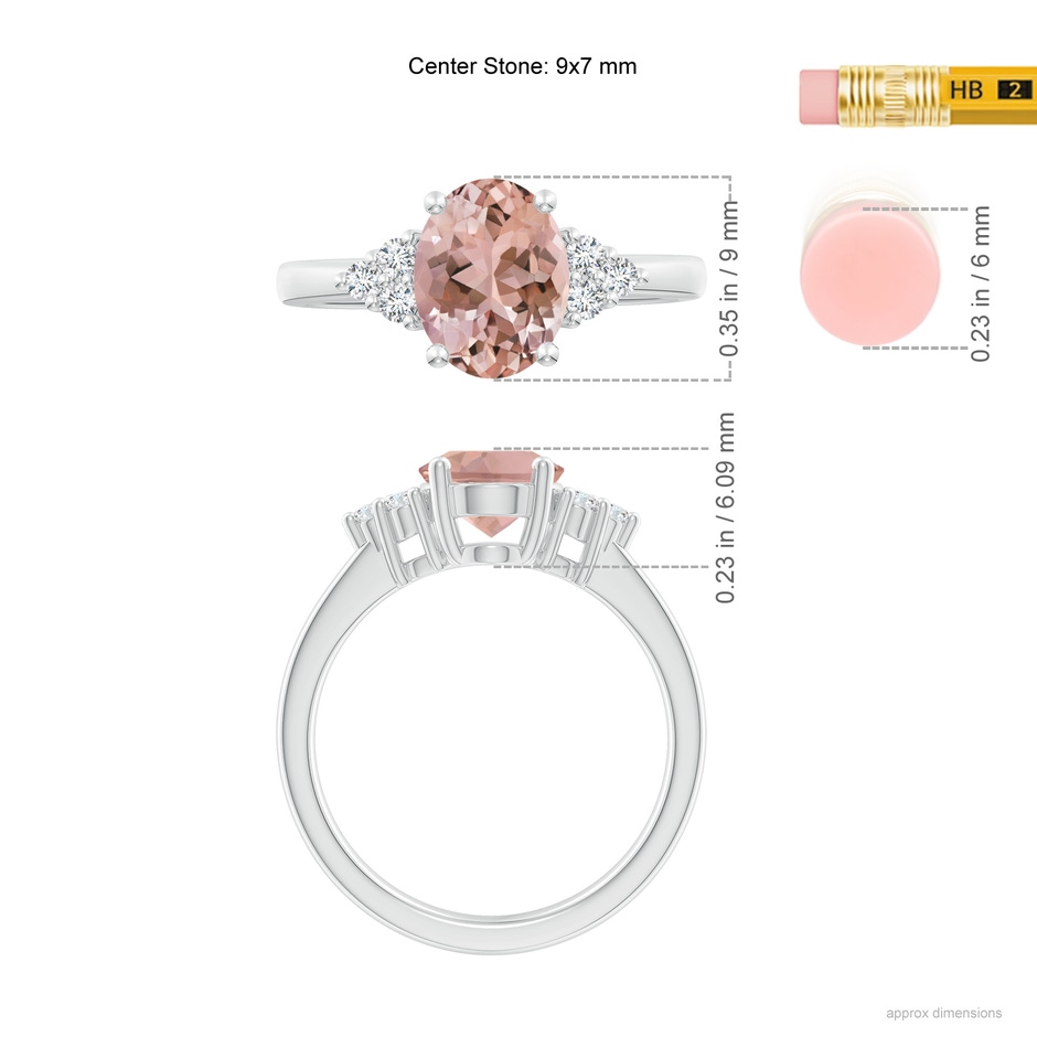 9x7mm AAAA Solitaire Oval Morganite Ring with Trio Diamond Accents in P950 Platinum ruler